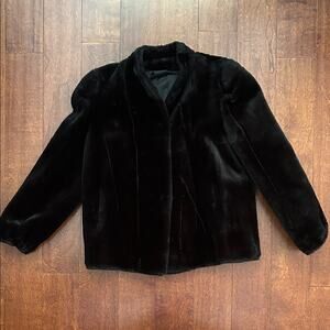 Vintage Manchester Black Faux Fur Coat with Stand Up Collar, Size Medium